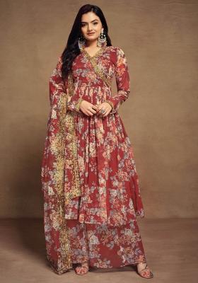 Maroon Embroidered Blended Salwar Kameez