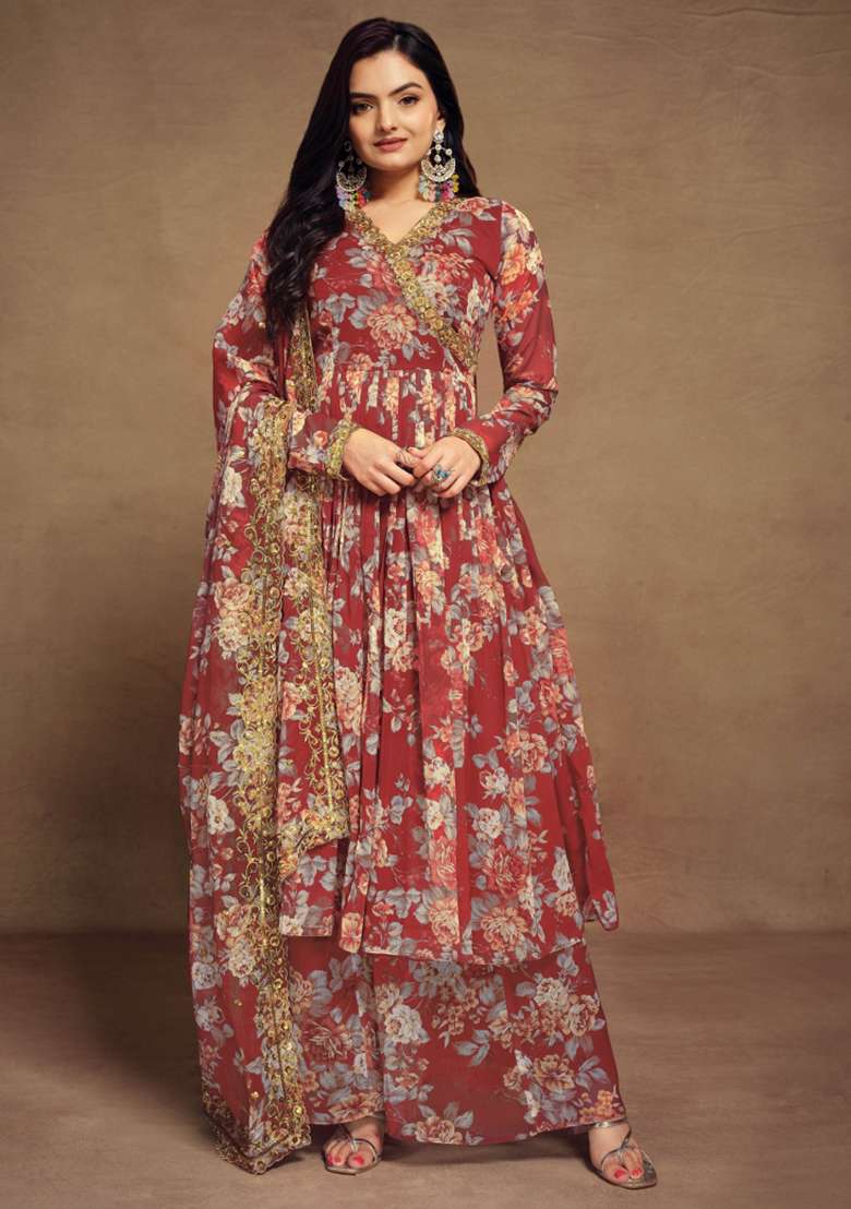 Maroon Floral Print Blended Sharara Set - Indya