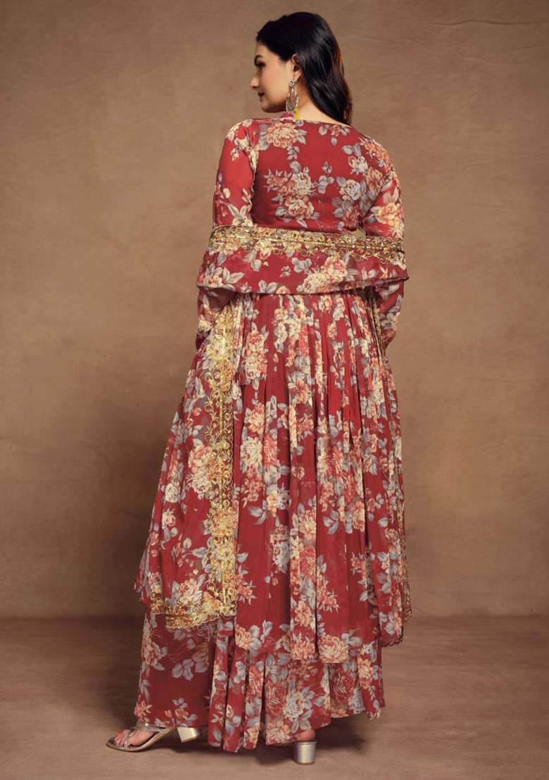 Maroon Floral Print Blended Sharara Set - Indya