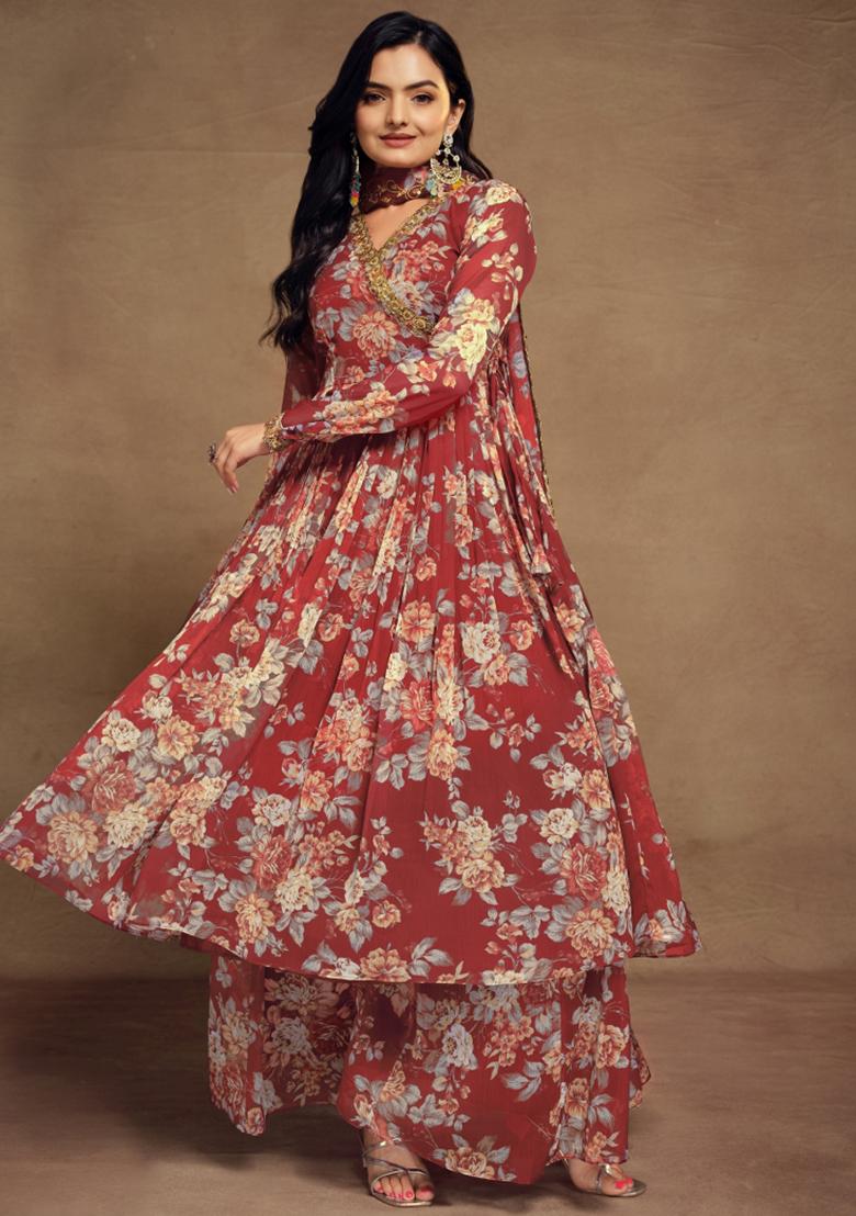 Maroon Embroidered Blended Salwar Kameez - Indya