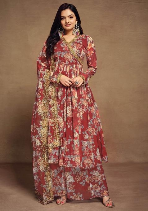 Maroon Embroidered Blended Salwar Kameez