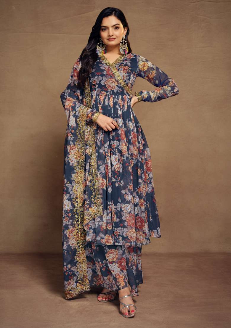 Navy Blue Embroidered Blended Anarkali Set - Indya