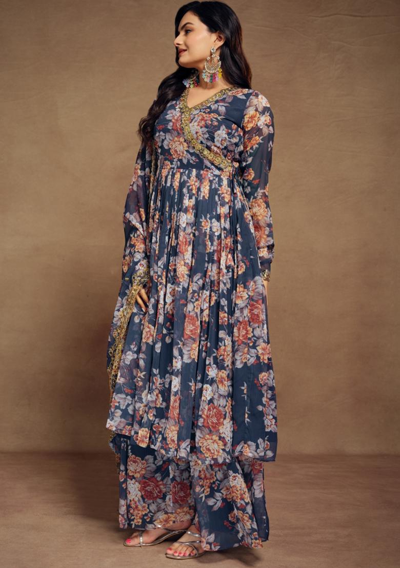 Navy Blue Embroidered Blended Salwar Kameez - Indya