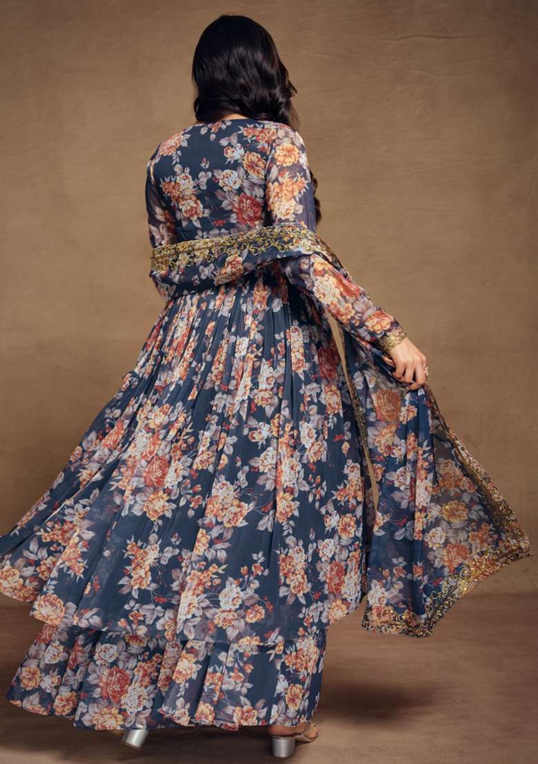Navy Blue Embroidered Blended Anarkali Set - Indya