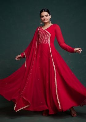 Red Embroidered Blended Gown
