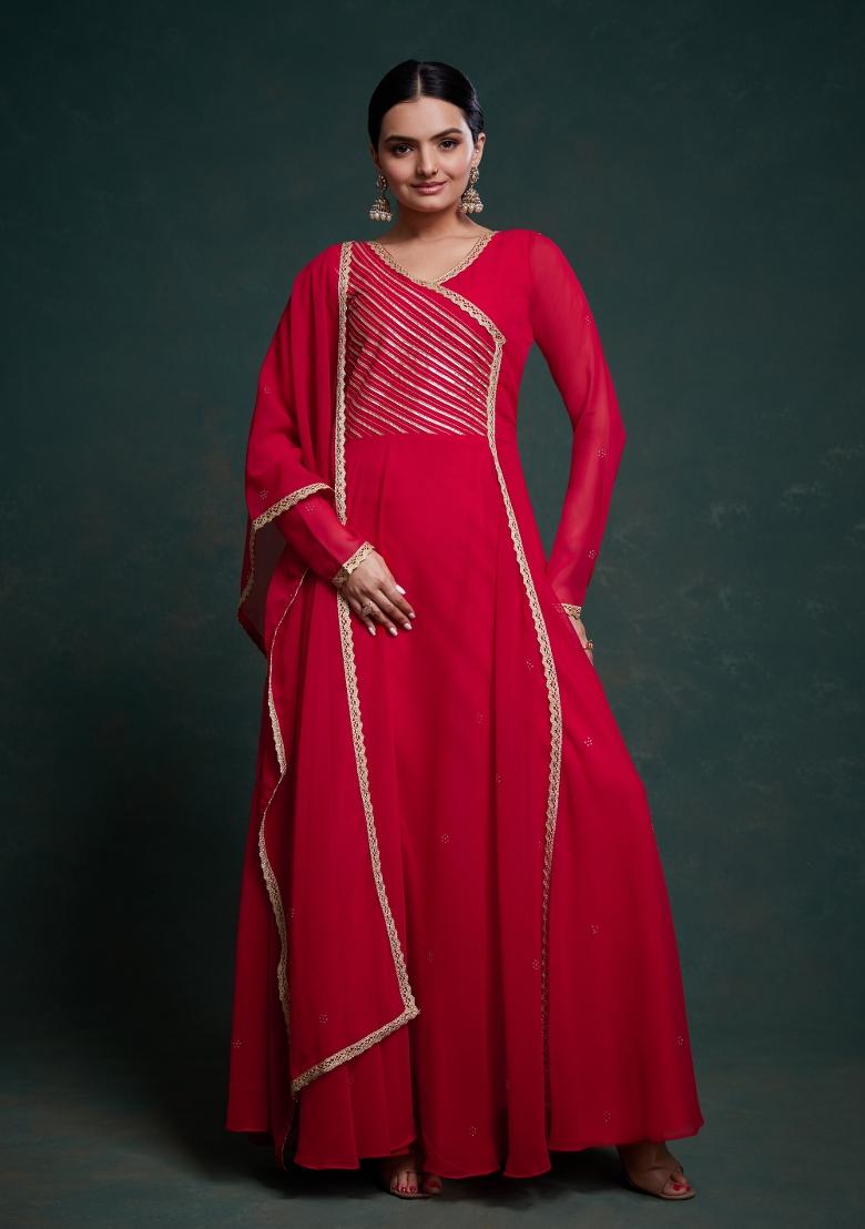 Red Embroidered Blended Gown - Indya