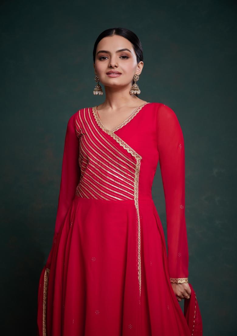Red Embroidered Blended Gown - Indya