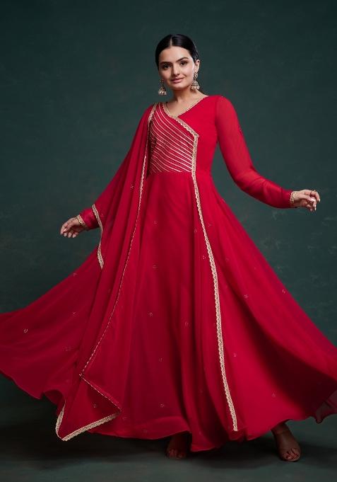 Red Embroidered Blended Gown