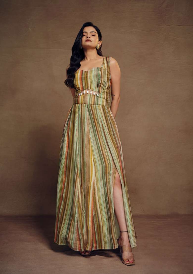 Multicolor Striped Blended Gown for Diwali and Festive Wear - Indya