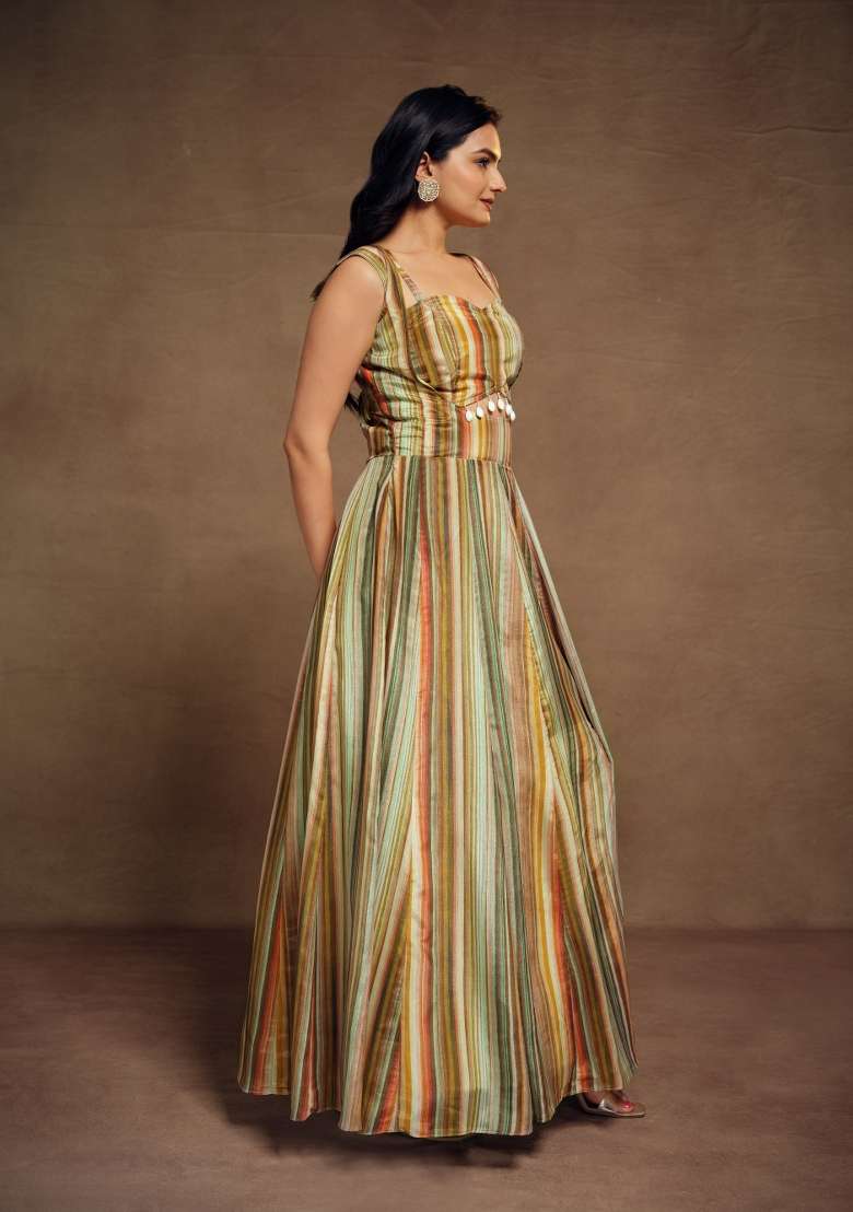Multicolor Striped Blended Gown for Diwali and Festive Wear - Indya