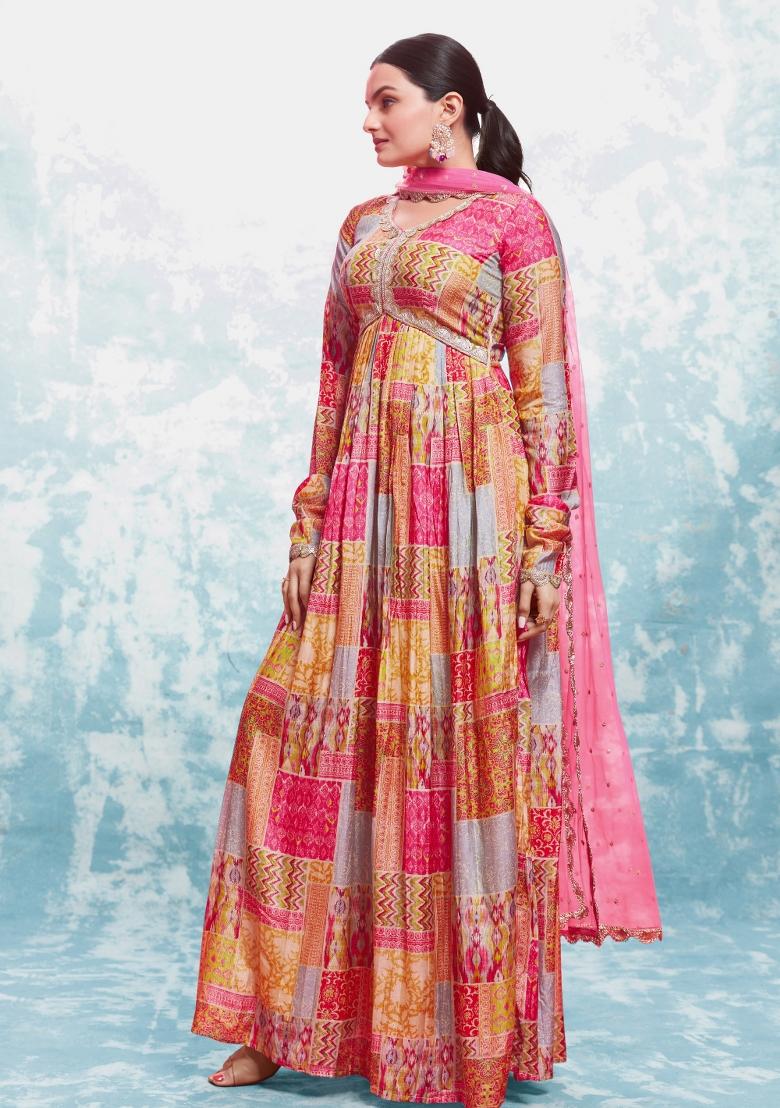 Pink Embroidered Blended Gown - Indya