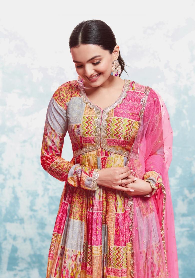 Pink Embroidered Blended Gown - Indya