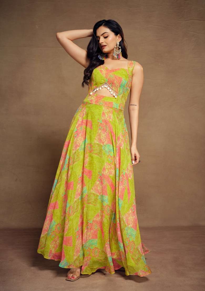 Green Blended Gown with Printed for Diwali | Wedding & Festive Wear - Indya