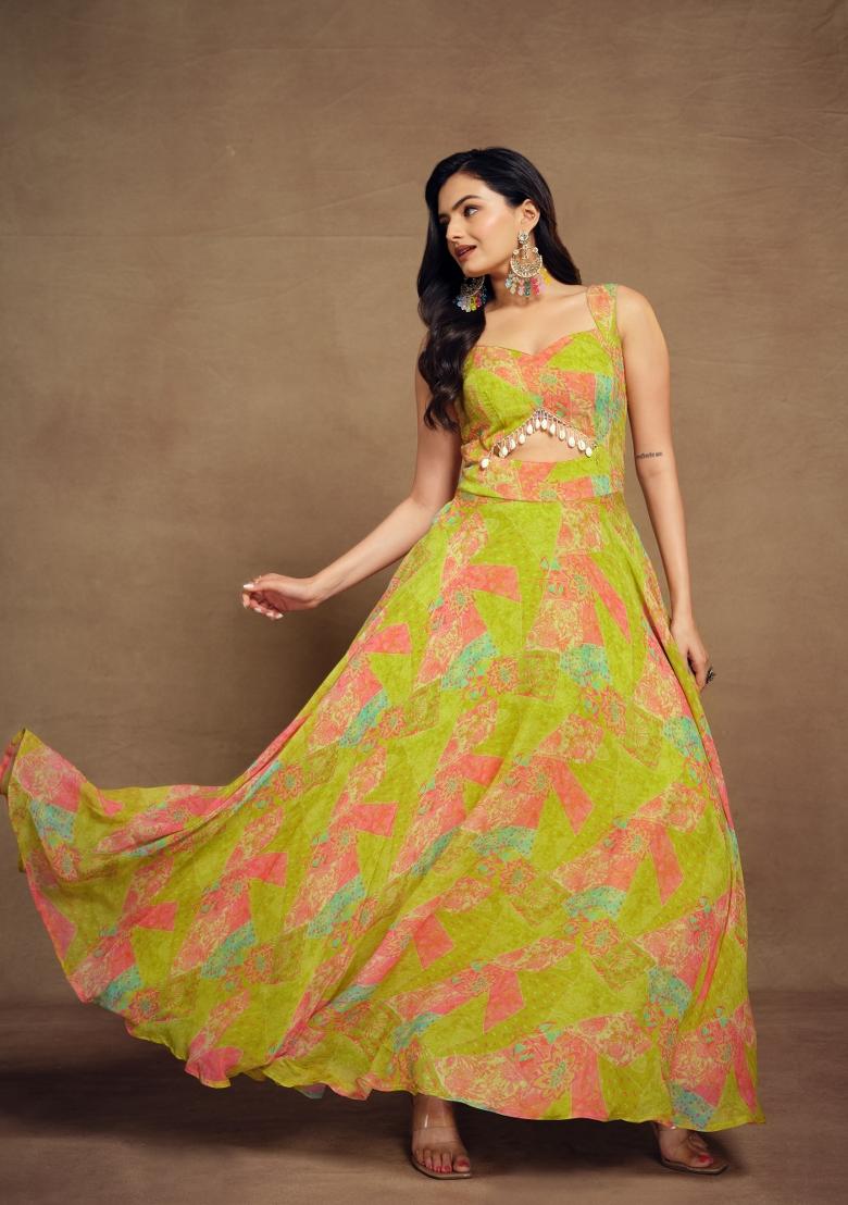 Green Embroidered Blended Gown - Indya