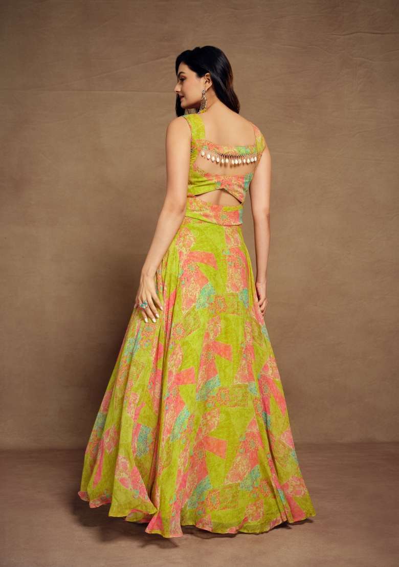 Green Blended Gown with Printed for Diwali | Wedding & Festive Wear - Indya
