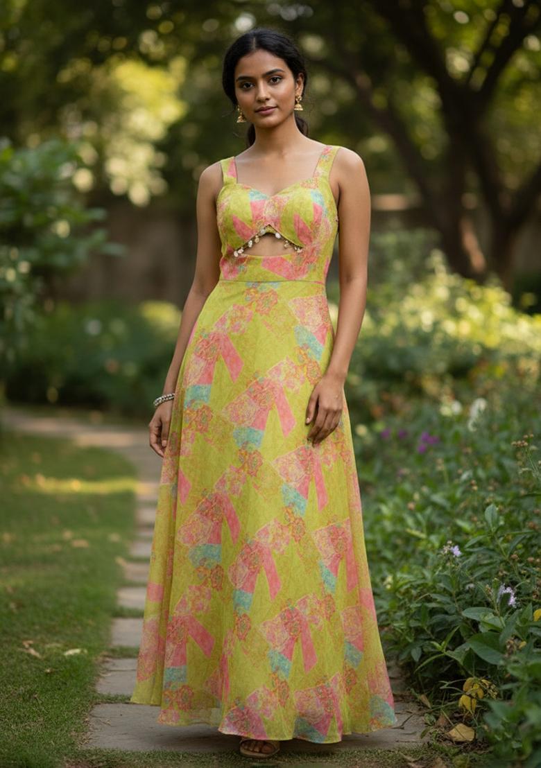 Green Embroidered Blended Gown - Indya
