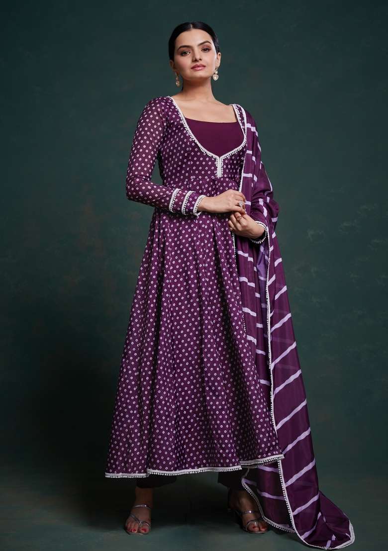 Wine Printed Blended Anarkali Set - Indya