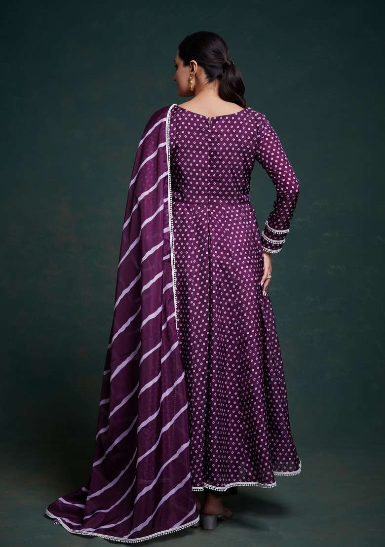 Wine Printed Blended Anarkali Set - Indya