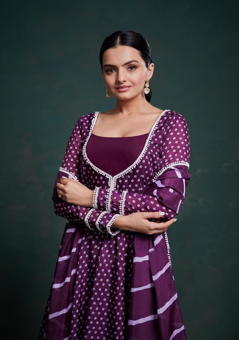 Wine Embroidered Blended Gown - Indya