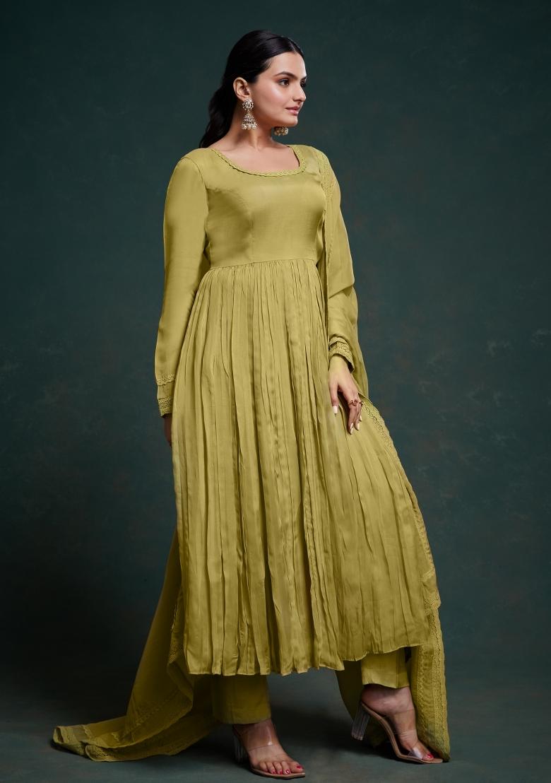 Light Olive Embroidered Blended Salwar Kameez - Indya