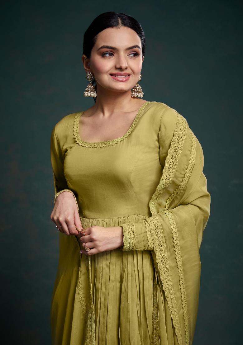 Light Olive Embroidered Blended Salwar Kameez - Indya