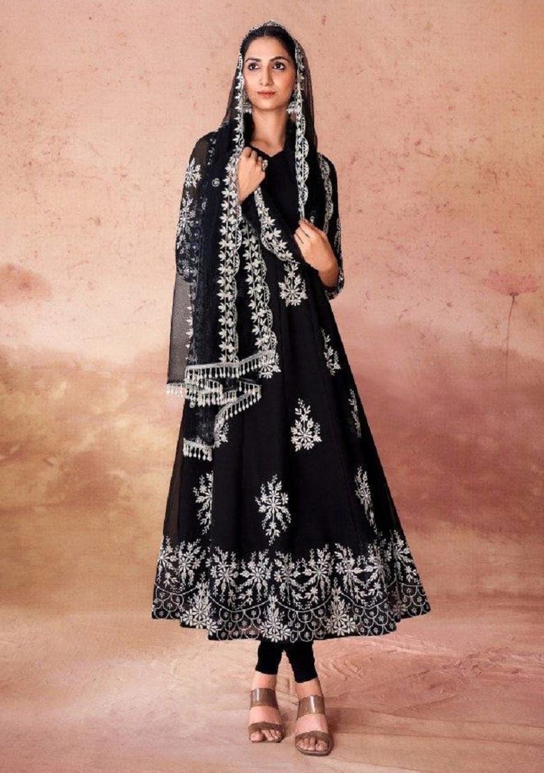 Black Embroidered Blended Salwar Kameez - Indya