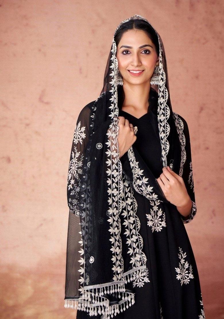 Black Embroidered Blended Salwar Kameez - Indya