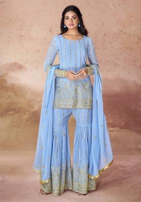 Sky Blue Embroidered Blended Salwar Kameez