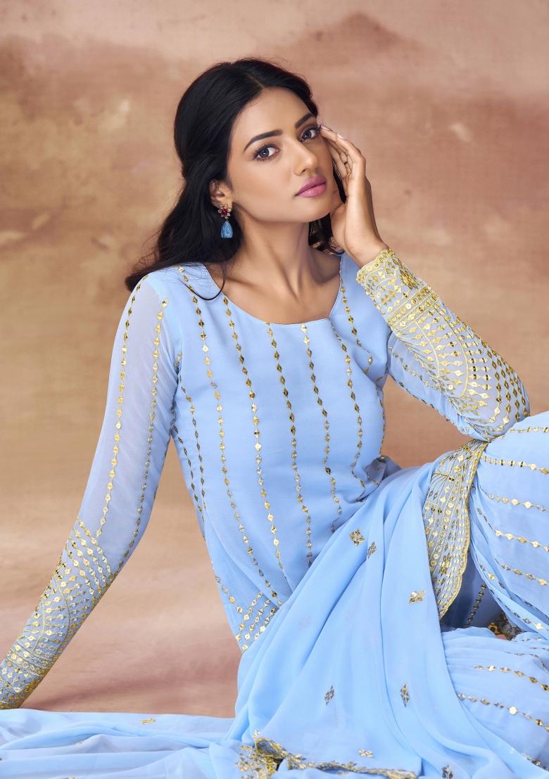 Sky Blue Embroidered Blended Salwar Kameez - Indya