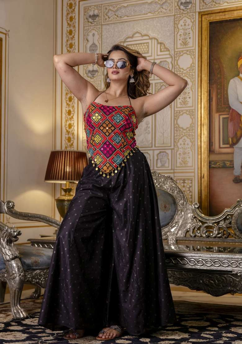 Multicolor Mirror Work Blended Sharara Set - Indya