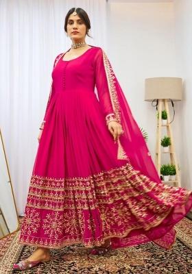 Pink Embroidered Blended Salwar Kameez
