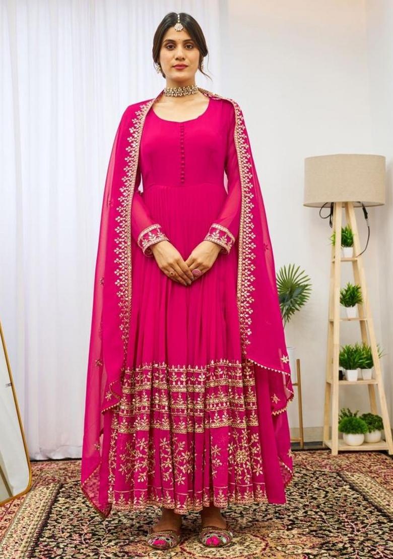 Pink Embroidered Blended Salwar Kameez - Indya