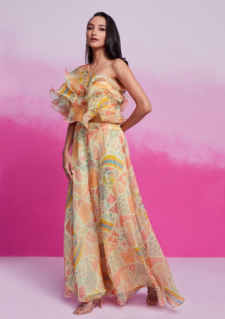 Cream Embroidered Blended Fusion Set - Indya