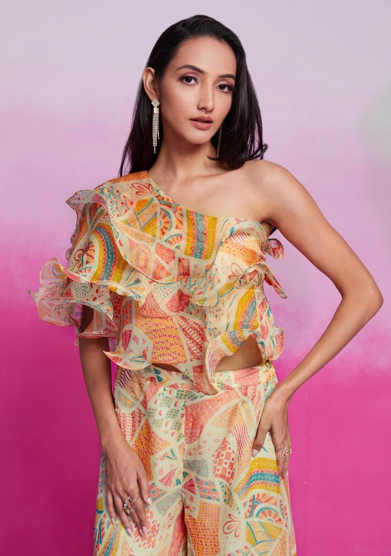 Cream Embroidered Blended Fusion Set - Indya