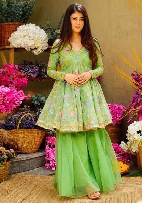 Green Embroidered Blended Salwar Kameez