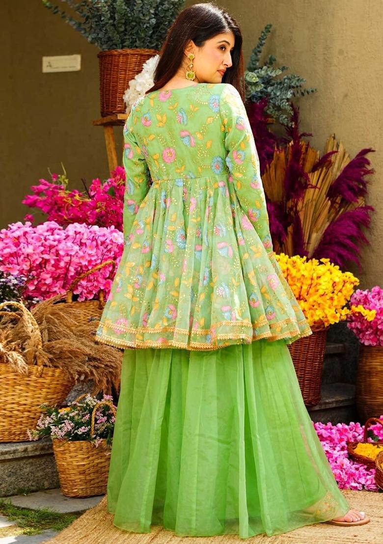 Green Embroidered Blended Salwar Kameez - Indya