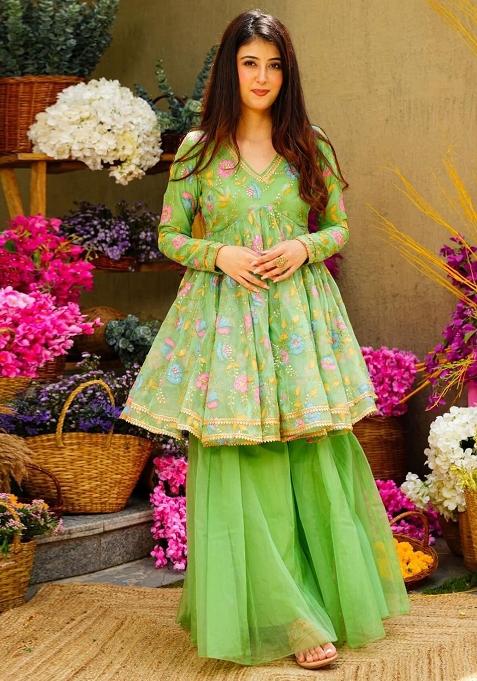 Green Embroidered Blended Salwar Kameez
