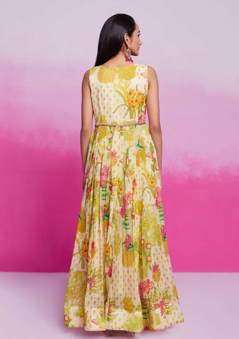 Multicolor Blended Gown with Printed for Diwali | Wedding & Festive Wear - Indya