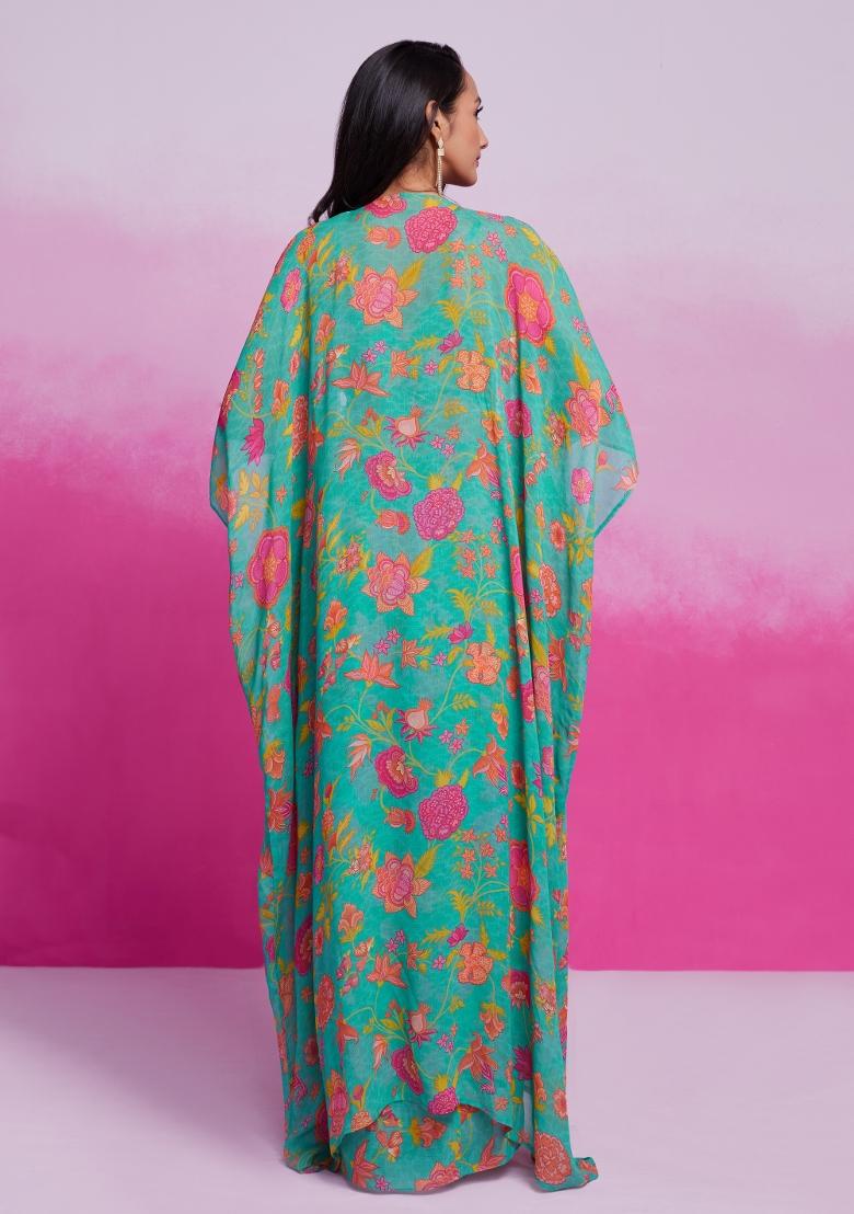 Turquoise Embroidered Blended Fusion Set - Indya