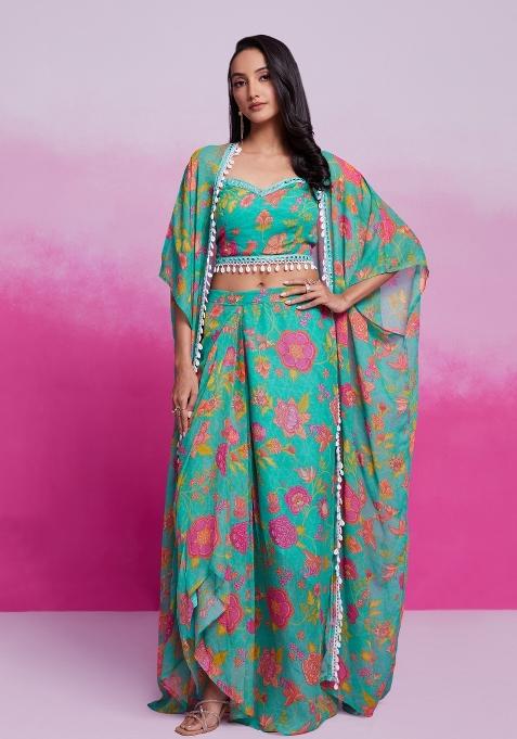 Turquoise Floral Print Blended Sharara Set