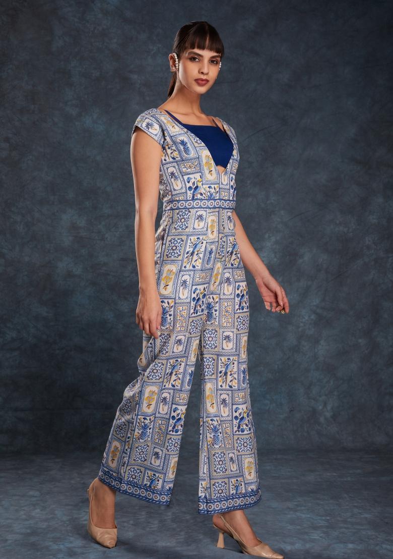 Multicolor Embroidered Blended Jump Suit - Indya