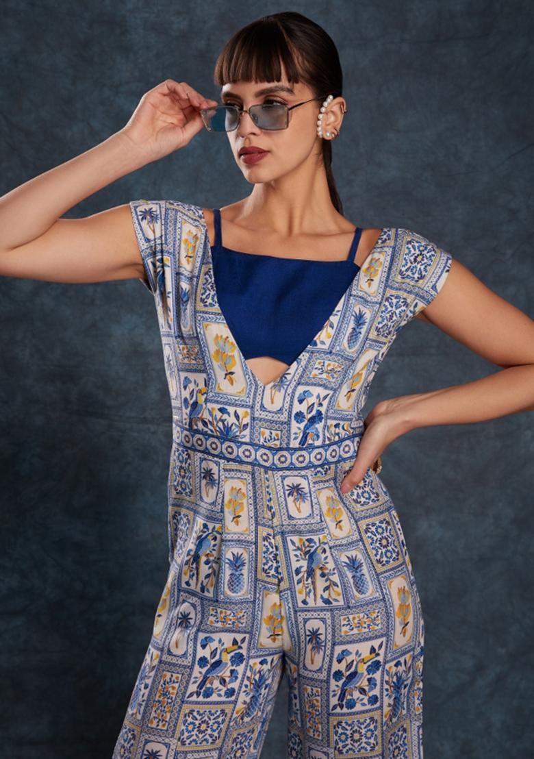Multicolor Embroidered Blended Jump Suit - Indya
