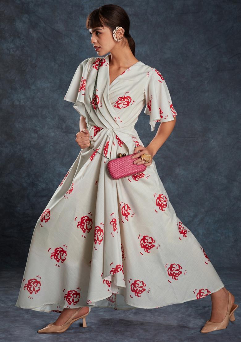 White Embroidered Blended Gown - Indya