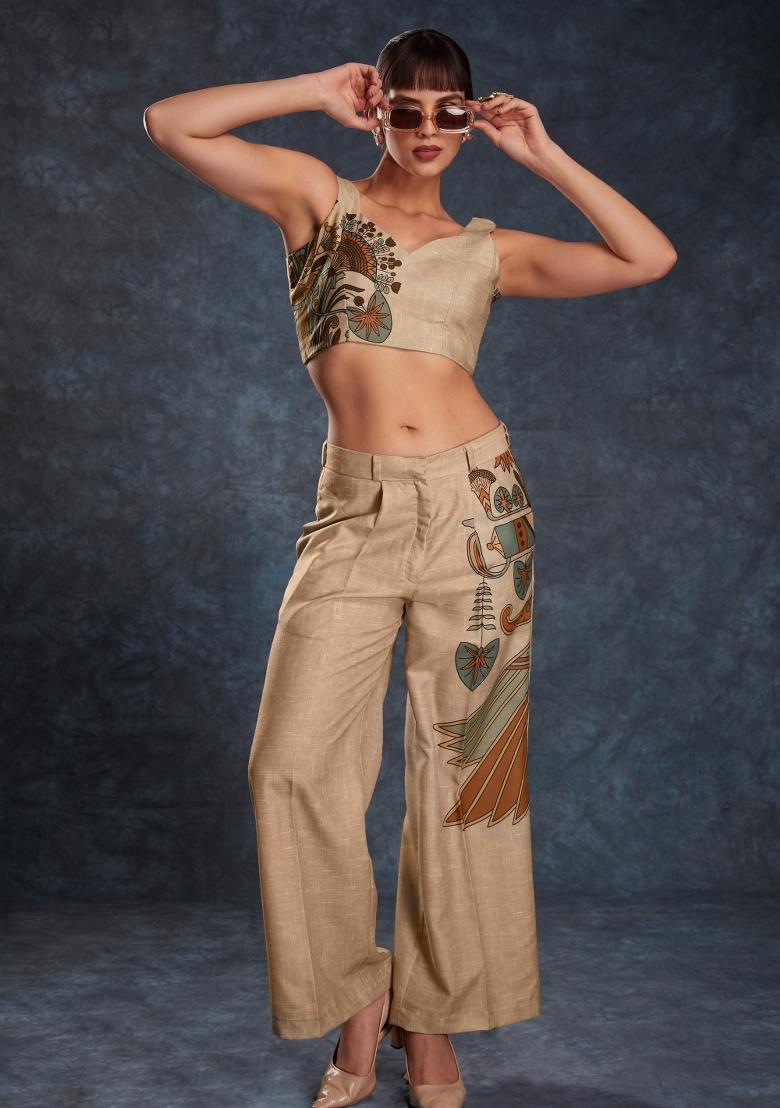 Brown Embroidered Blended Fusion Set - Indya