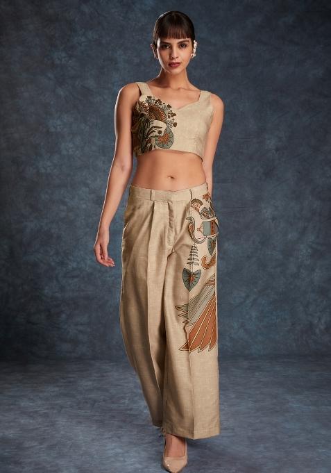 Brown Embroidered Blended Fusion Set