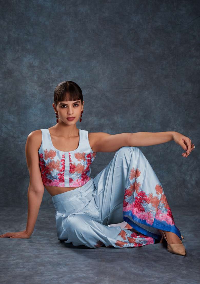 Sky Blue Floral Print Blended Co Ord Set - Indya