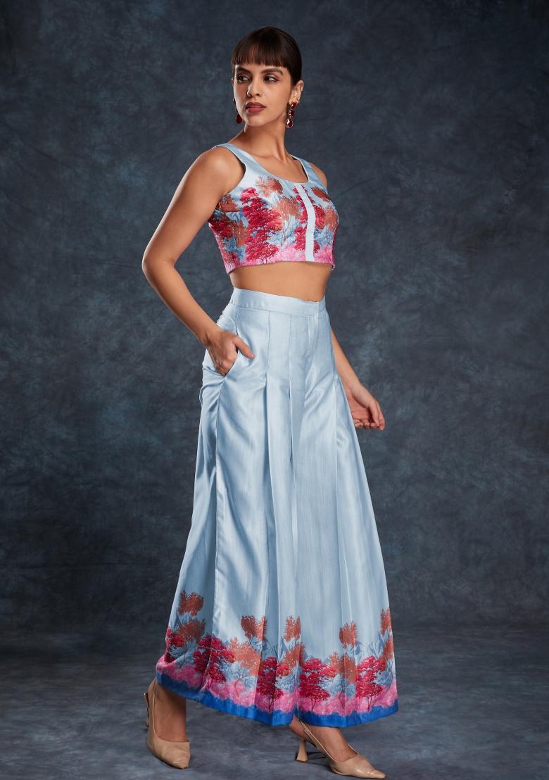 Sky Blue Embroidered Blended Fusion Set - Indya
