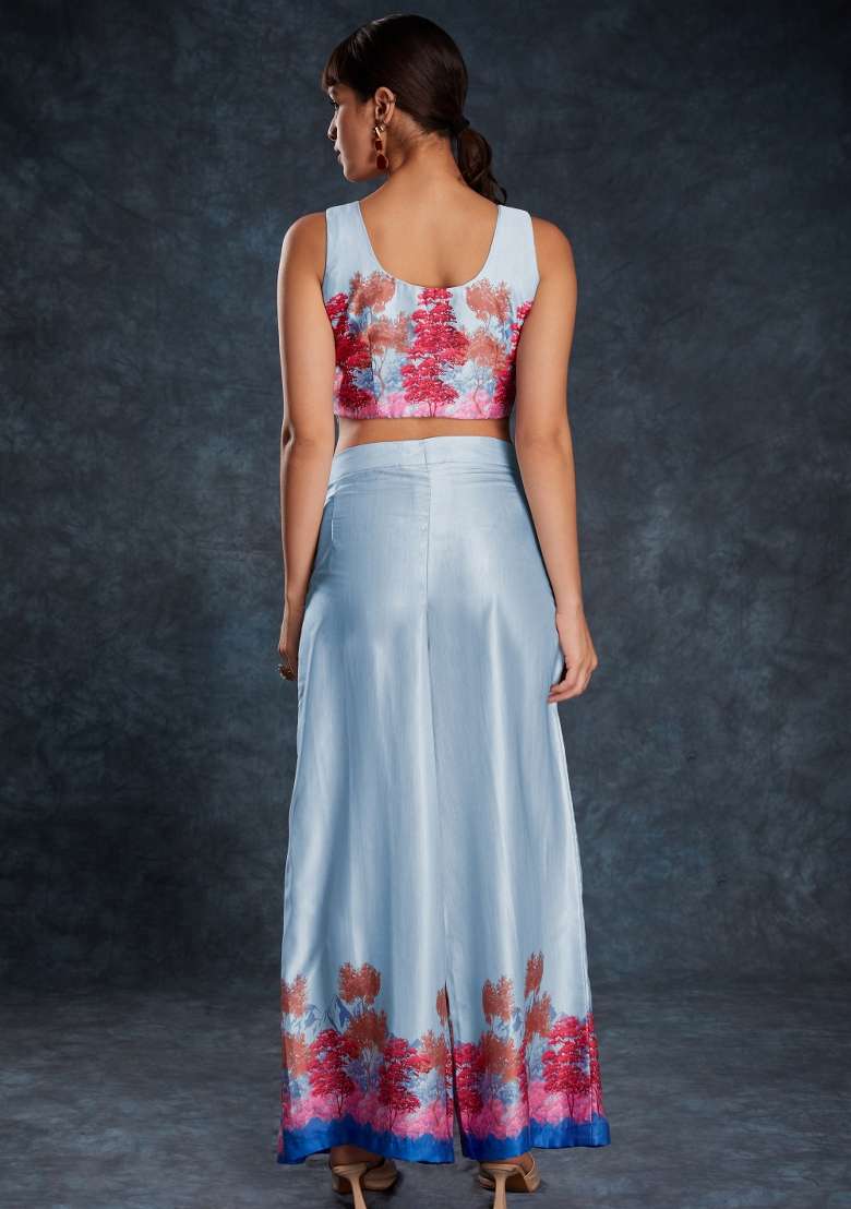Sky Blue Floral Print Blended Co Ord Set - Indya