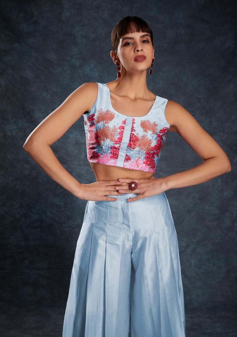 Sky Blue Embroidered Blended Fusion Set - Indya