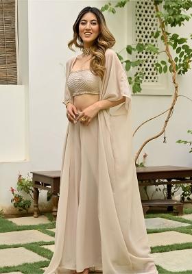 Beige Embroidered Blended Fusion Set